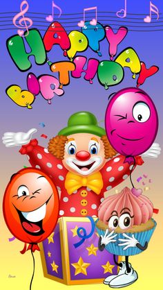 happy birthday card with clown and balloons