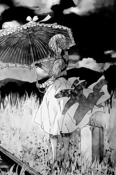 a black and white drawing of a woman holding an umbrella in front of a cloudy sky