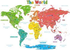 the world map with all countries and their major cities in colorful colors on white background