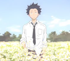 an anime character standing in a field of daisies with his hands on his hips