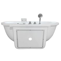 an oval bathtub with two faucets on the side and one drain in the middle