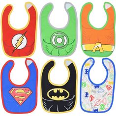 Get your little one ready for an epic, action-packed adventure with this DC Comics Justice League Batman Superman Green Lantern The Flash Aquaman 6 Pack Bib. Gotham City is in trouble, and Batman needs your little hero?s help to save the day! Join this iconic comic book, animated series, and movie superhero as he battles dubious villains like the Joker, the Riddler, and Two-Face with the help of Alfred and Robin. Afterward, head home in the Batmobile, take off your mask in the Batcave, and see B Justice League Batman, Newborn Baby Boys, Superhero Batman, List Of Characters, Green Lantern Corps, Dc Comics Superheroes, Batman Superman, Batman And Superman, Green Lantern