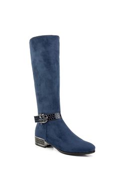 PRICES MAY VARY. Heel: 1.5" stacked Platform: 0.3" Shaft Height: 16.5" Circumference: 16" Product Features: Beehive patterned buckle straps Low Heel Boots, Faux Suede Boots, Navy Style, Patterns Fashion, Low Block Heels, Navy Fashion, Foot Bed, Heel Boots, Tall Boots