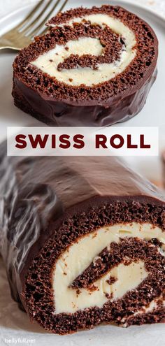 chocolate swiss roll with cream filling on top