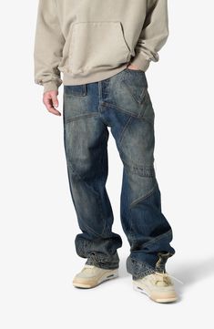 Amp up your street style in these baggy jeans crafted in a faded wash from nonstretch denim. 32" inseam; 9" leg opening 100% cotton Machine wash, tumble dry Imported Ultra Baggy Jeans, 140 Lbs, Jean Crafts, Biker Jeans, Denim Jeans Men, Blue Fits, Upcycled Denim, Denim Details, Cargo Jeans