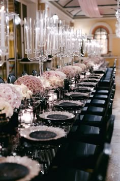 Long Black Tables with Pink Rose Centerpieces Black Blush And White Wedding, Black With Pink Wedding, Black And Light Pink Wedding Ideas, Table Set Ups For Parties, Pink Black And Silver Table Decor, Black White Pink Wedding Decor, Blush Pink White And Black Wedding Reception Decoration, Black White Gold Blush Wedding, Black White Gold And Pink Wedding