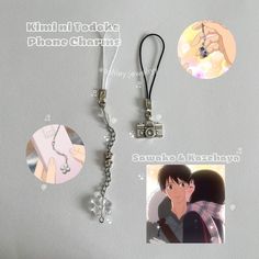 an assortment of items that include a camera, keychain and necklace with charms