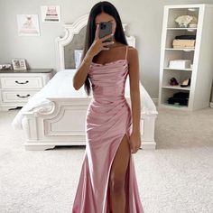 Women Pleated Satin Gown Low-cut Dress Elegant V Neck Satin Evening Gown with High Split Pleated Fantasia Dress, Satin Formal Dress, Gala Dress, Graduation Dresses, Long Summer Dresses, Dance Dresses, Satin Dresses, Elegant Dresses, Evening Dress