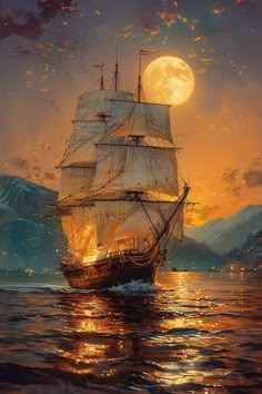 a painting of a ship sailing in the ocean