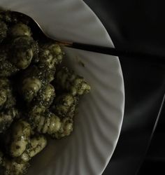 a white plate topped with broccoli covered in gravy next to a fork