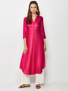 Global Desi Plain Magenta Kurti Plain Kurti, Silk Kurti Designs, Simple Style Outfits, Silk Kurti, Simple Kurta Designs, Simple Kurti Designs, Kurti Designs Latest, Kurti Set