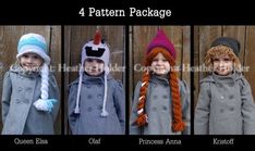 Elsa, Anna, Olaf & Kristoff (Frozen) Crocheted Hat Pattern - 4 Patterns - Instant Download Frozen Crochet Hat, Crochet Olaf, Kristoff Frozen, Frozen Diy, Mermaid Tail Pattern, Hats Ideas, Anna Kristoff, Elsa Anna Olaf, Crocheted Things