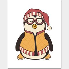 a penguin with glasses and a hat on it's head is wearing a scarf