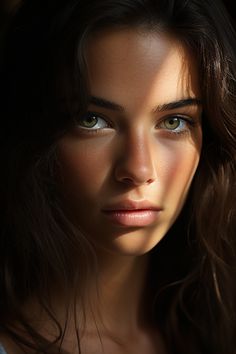 a close up of a woman's face with blue eyes