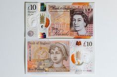 two different british bank notes are shown on a white surface, one has the queen's head