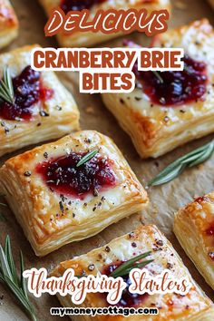 cranberry brie bites with rosemary sprigs on top and text overlay that reads delicious cranberry brie bites