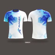 the front and back of a white shirt with blue designs on it, including an arrow