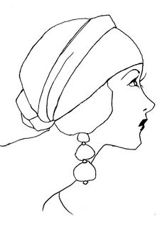 a line drawing of a woman's profile wearing a turban and earrings