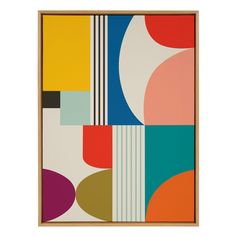 an abstract painting with multicolored shapes in a wooden frame on a white wall