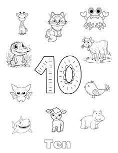 the number ten coloring page for children with animals and numbers to 10, including an image of