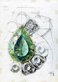 a drawing of a green diamond surrounded by other objects