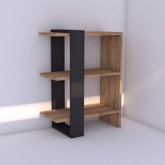 an empty book shelf in the corner of a room with white walls and flooring