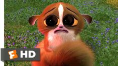 an animated animal with big eyes standing in the grass