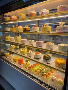 a display case filled with lots of different types of cakes and desserts in it