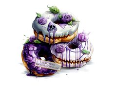 three donuts with purple frosting and roses on them are stacked next to each other