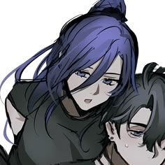 two anime characters one with blue hair and the other with purple hair holding each other