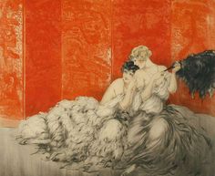 a painting of two women sitting on top of a bed in front of a red wall