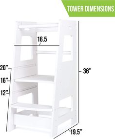 a white wooden step stool with measurements for the top and bottom shelves on each side