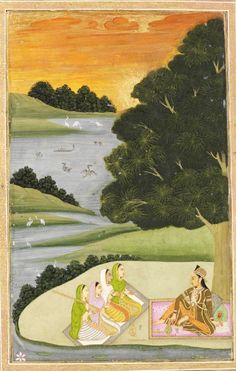 Small Clive Album p. 79, a princess and female musicians by a river at sunset, opaque watercolour and gold on paper, Mughal, probably Avadh, 18th century (probably mid 18th). V&A Museum Princess Sitting, Indian Miniature, Art Indian, Vintage India, Female Musicians