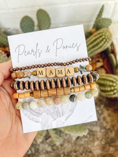 three bracelets that say pearls and poniesy, mama with beads on them