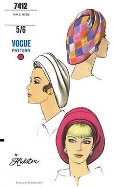 Find many great new & used options and get the best deals for VOGUE #7412 HAT TURBAN Designer HALSTON Fabric Sewing Pattern Chemo Alopecia 1sz at the best online prices at eBay! Free shipping for many products! Halston Vintage, 1960s Vogue, Hat Fabric, Kwik Sew Patterns, Fabric Sewing Patterns, Hat Patterns To Sew, Hat Fascinator, Vintage Millinery, Vogue Pattern