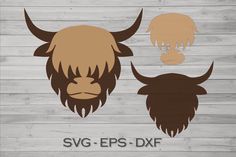 two brown and white buffalo heads with long horns on wooden planked background, svg eps - dxf