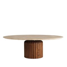 an oval dining table with a wooden base