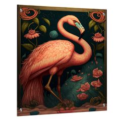 a painting of a pink flamingo standing in front of flowers and leaves on a black background