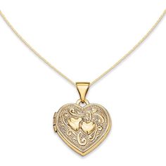 Vintage-inspired and so elegant, this heart locket pendant is certain to win hers. Fashioned in warm 14K gold, this heart-shaped locket is topped with a pattern of sculpted scrolls surrounding a duo of hearts nestled side-by-side at the center. The locket opens to reveal space for a pair of small photos or mementos. A look she'll love and appreciate, this locket is polished to a brilliant shine and suspends freely along an 18.0-inch rope chain that secures with a spring-ring clasp. Locket Necklace Vintage, Horizontal Bar Necklace, Gold Heart Locket, Gold Locket Necklace, Peoples Jewellers, Gold Locket, Gold Diamond Necklace, Cluster Necklace, Bezel Set Diamond