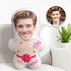 a pillow with a photo of a man on it