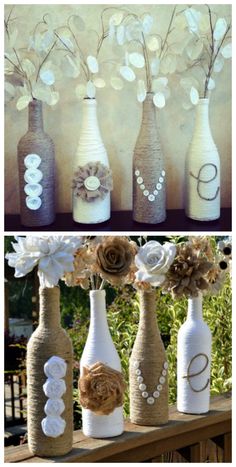 several vases with flowers in them sitting on a table next to the same one