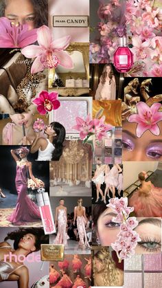 a collage of photos with pink flowers and other things in the background, including an image of a woman's face