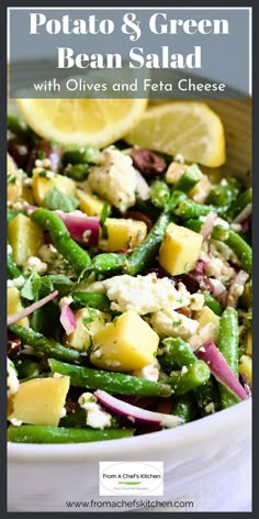 potato and green bean salad with olives and feta cheese in a white bowl