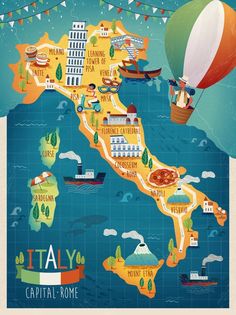 an illustrated map of italy with all the major cities and towns in it, including hot air balloons