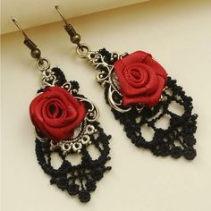 “Guipure Red Rose Lace” Black Victorian Fabric Crochet Rosette Applique Art Deco Vintage/Antique Style Glamorous Gothic Chic Statement Dangle Earrings. Real Black Lace Fabric With An Ornate Elaborate Gold Plate To Which The Red Fabric Rose Appliqu Is Attached. Perfect For That Little Black Dress/Formal Occasion/Night Out On The Town! New. Measurements: Eardrop Length: 2.6” Earring Width: 0.8” If You Want It, Don’t Let It Get Away Send Me An Offer! I Love To Do Bundle Order Discounts! Rose Earring, Earrings Fancy, Earrings Shein, Black Lace Fabric, Gothic Chic, Lace Earrings, Fabric Roses, Rose Lace, Rose Black