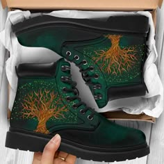 Mushroom Combat Boots, Embroidered Boots Diy, Painted Doc Martens, Mode Shoes, Custom Boots, Mens Boots Fashion, Lace Up Booties, Green Shoes, Shoe Print