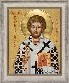 an icon of saint john the baptist in gold, black and white with checkerboard border