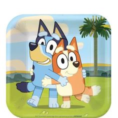 two cartoon dogs hugging each other in front of a palm tree