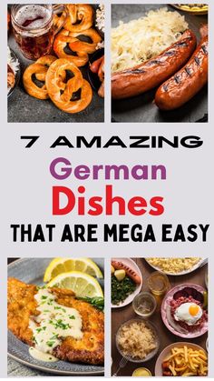 A collage showcasing seven easy-to-make German dishes including sausages, pretzels, and schnitzel. Bavarian Recipes Germany, German Potluck Dishes, German Food Recipes Easy, German Dishes Traditional, German Recipes Traditional, Germany Recipes