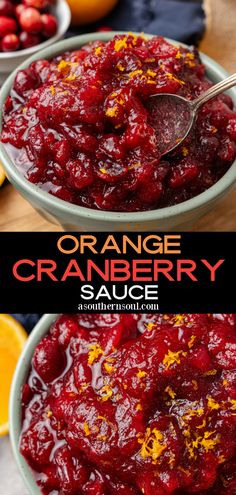 orange cranberry sauce in two bowls with spoons